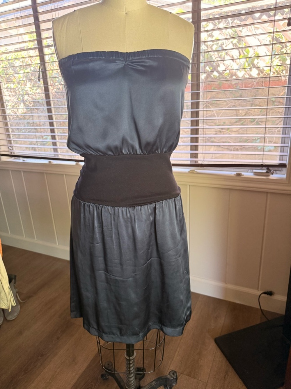 Strapless Satin-Look Navy Dress with Black Waistband